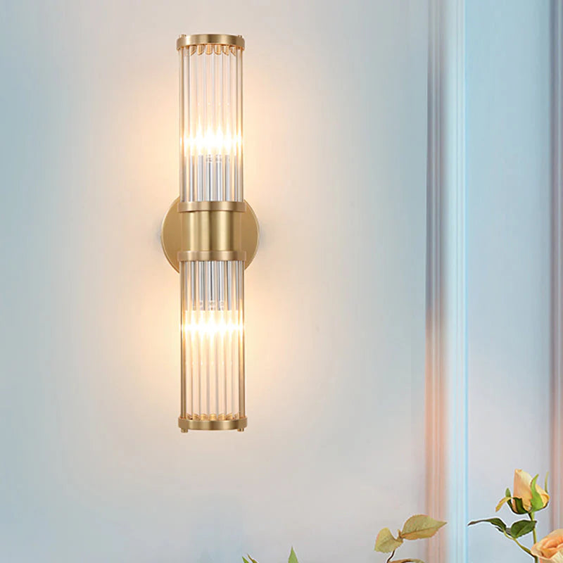 Golden Cylindrical Crystal Wall Sconce
