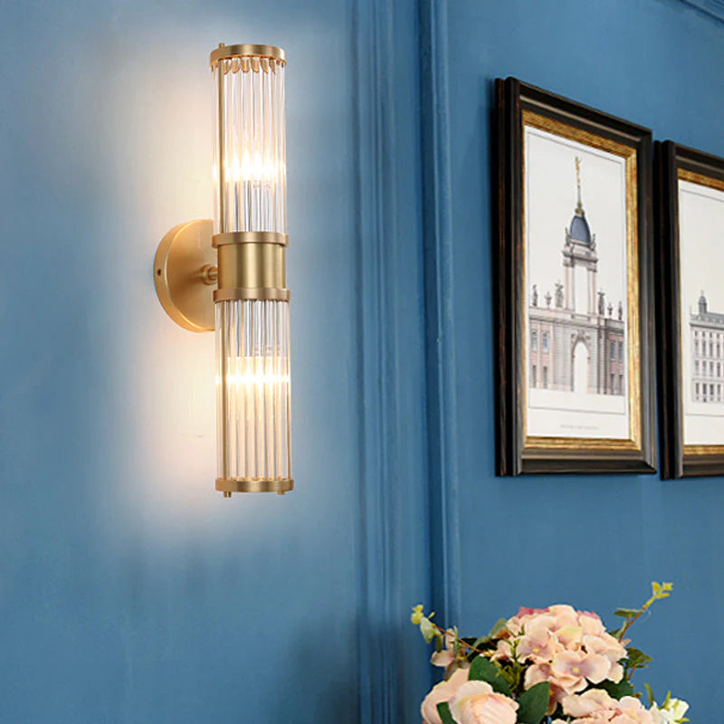 Golden Cylindrical Crystal Wall Sconce