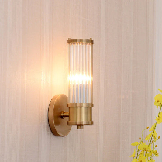 Golden Cylindrical Crystal Wall Sconce