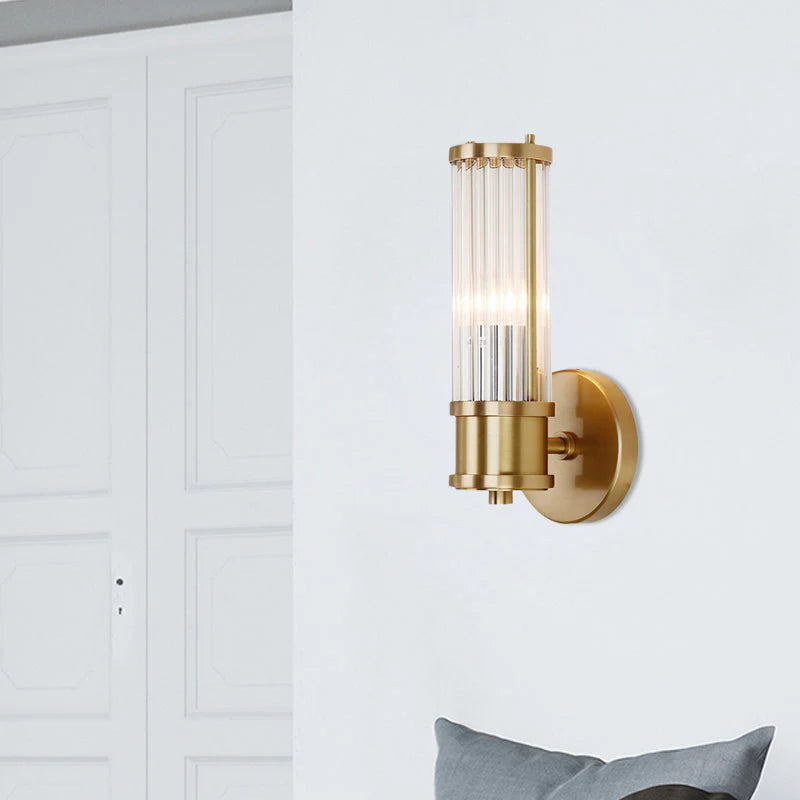 Golden Cylindrical Crystal Wall Sconce